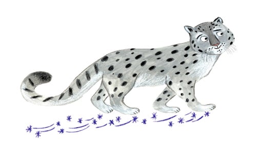 An illustration of a cartoon snow leopard who is light grey with dark grey spots. He has a curious look on his face